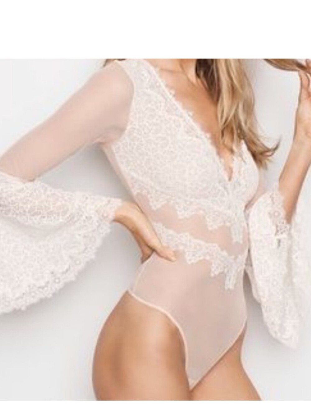 Victoria's Secret Romantic Boho Lace Sheer Bodysuit Bell Sleeves Size XS - Picture 1 of 11